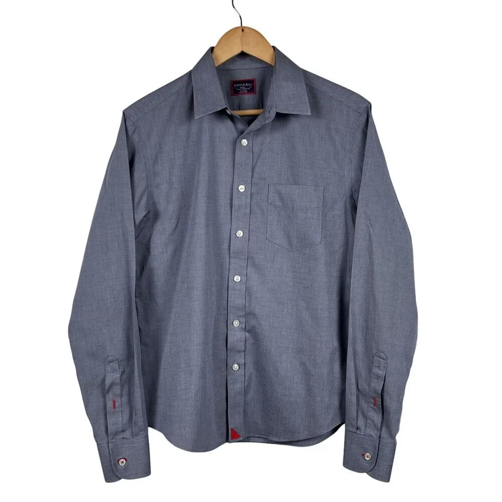 Untuckit Mens Slim Fit Grey Chambray Wrinkle Free Button Down Shirt Sz Small